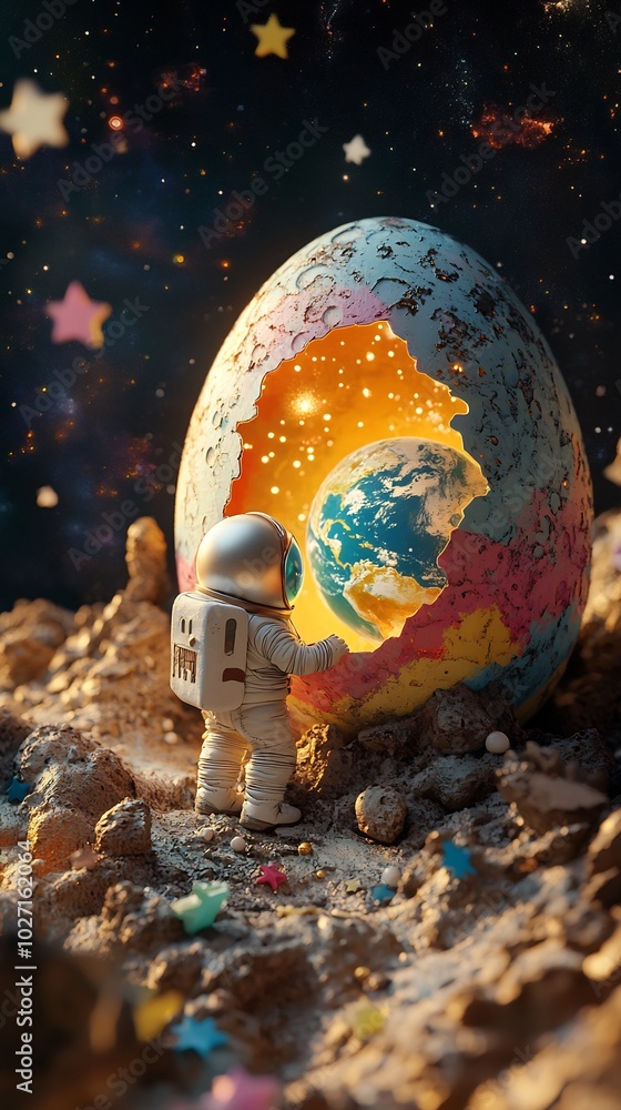 Poster whimsical scene of a tiny astronaut emerging from a colorful egg on the moon's surface surrounded by
