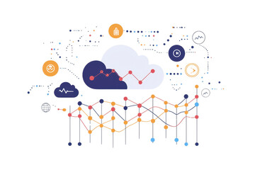 Obraz premium Colorful graph and cloud illustration depicting data analysis, information flow, and technology connections in a digital network.