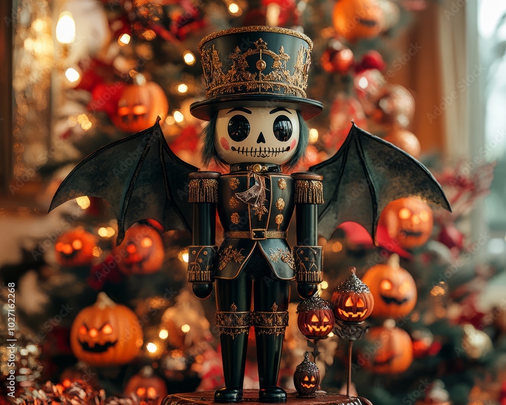 Poster A spooky, black nutcracker with wings stands in front of a Christmas tree decorated with jack-o'-lanterns.