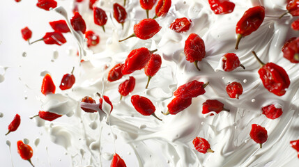 Natural yogurt with goji berries. Superfood. Healthy red goji berries dance with whipped cream. A delicious snack. A natural organic product