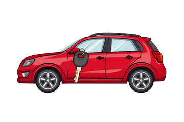 Illustration of a red car with a large key, symbolizing car ownership, auto purchase, or vehicle rental. Ideal for automotive themes.