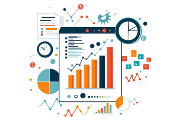 Colorful data analytics illustration showing graphs and charts with infographic elements, ideal for technology and business concepts.