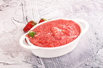Strawberry soup with strachatella cheese