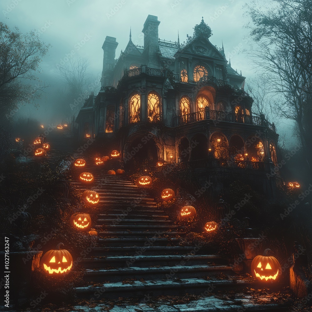 Poster A spooky, gothic mansion with lit pumpkins leading up the steps in a misty, dark forest.