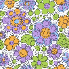 A colorful flower pattern with purple, green, and orange flowers