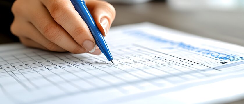 Closeup of Hand Writing on Document in Bright Office Environment with Blue Pen