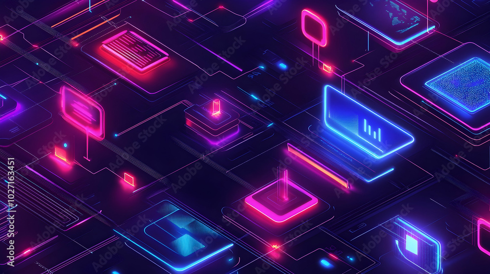 Poster computer illustrating global network connections and internet communication in dark neon design illu