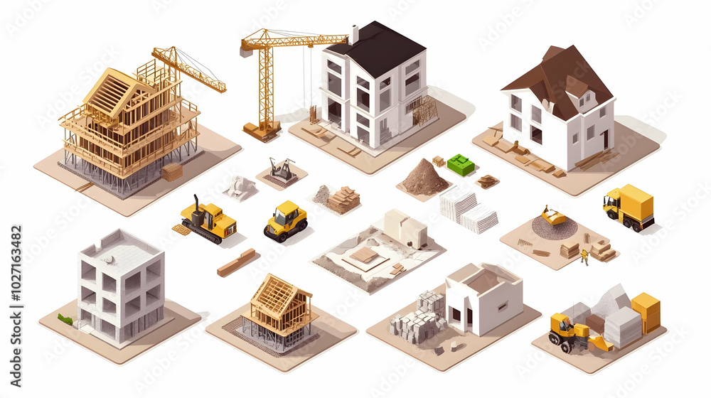 Poster the visual representation depicts construction compositions that illustrate various building process