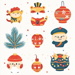 Obraz premium A cheerful collection of festive icons celebrating cultural traditions. Perfect for decorations and seasonal designs.