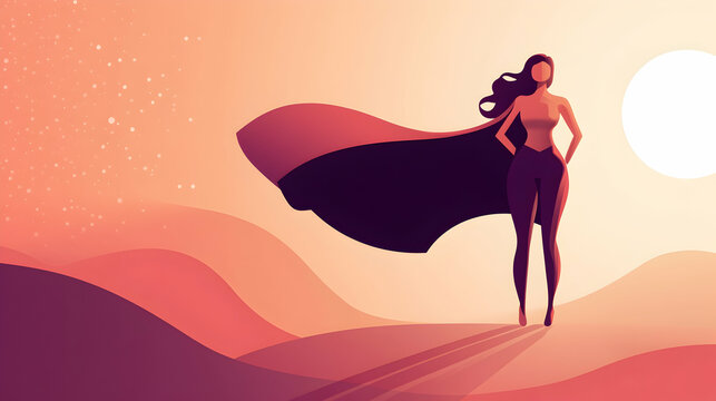 Confident woman casting a superhero shadow  illustration  -