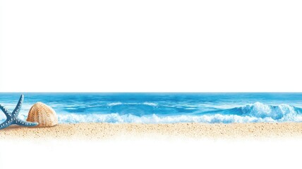 Tranquil Watercolor Seascape with Soft Blue Waves on White Background