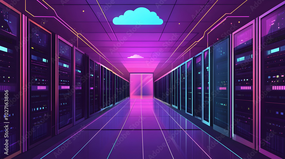 Aufkleber datacenter server room showcasing cloud storage technology for big data processing and security illu