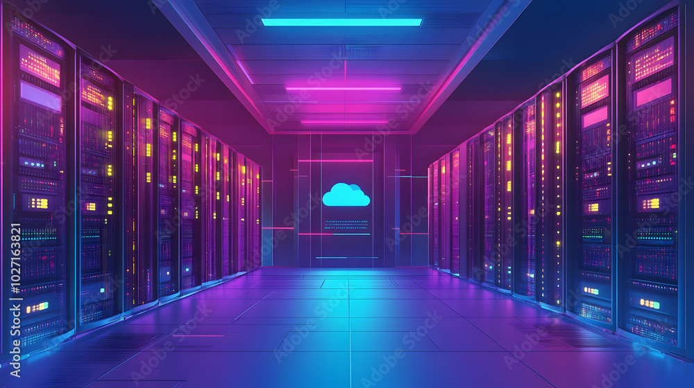 Poster datacenter server room showcasing cloud storage technology for big data processing and security illu