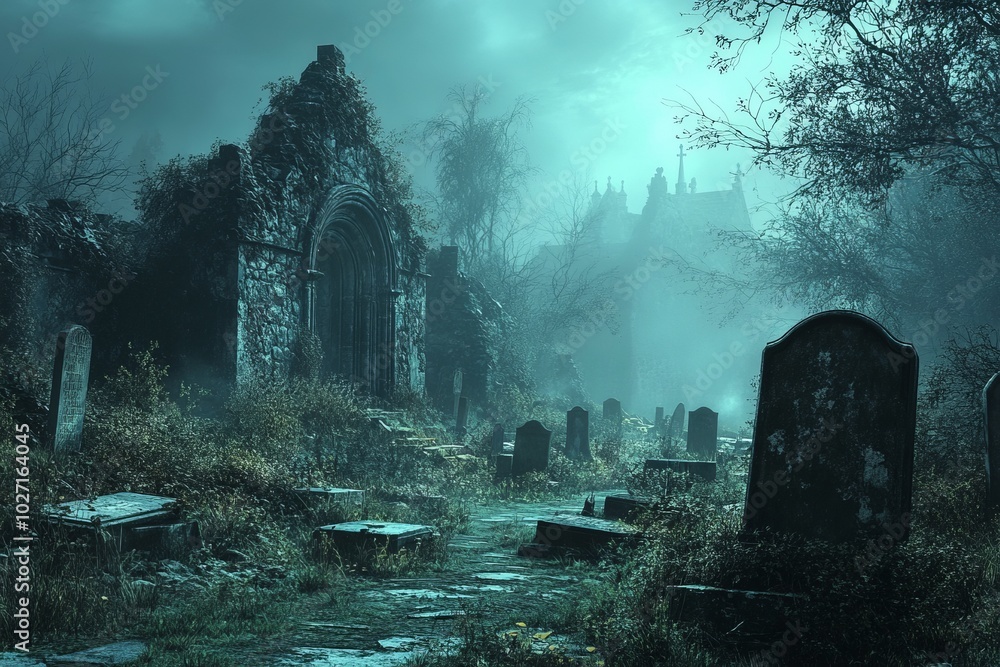 Poster A spooky, misty graveyard with a ruined chapel in the background.