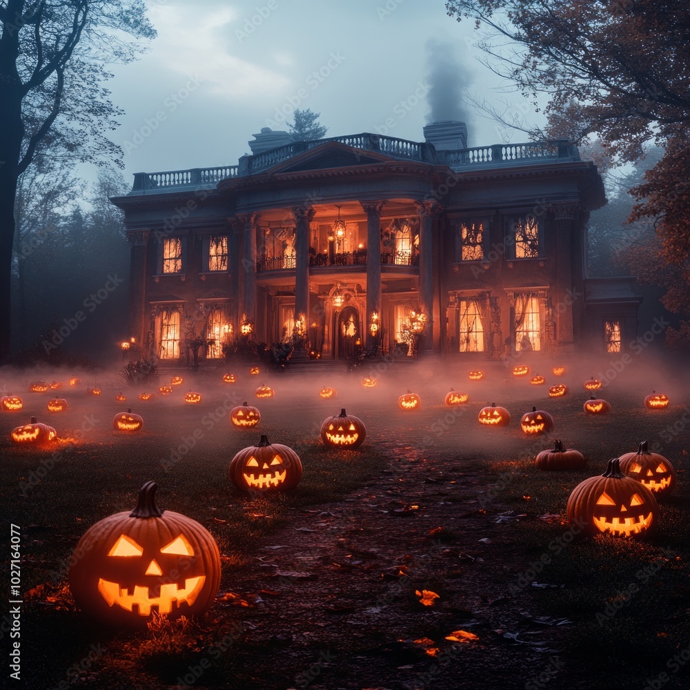 Canvas Prints A spooky, misty Halloween scene with a grand house and glowing jack-o'-lanterns.