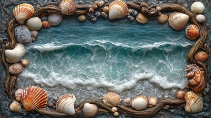 Obraz premium Seashell Frame Enclosing a Foamy Ocean Wave