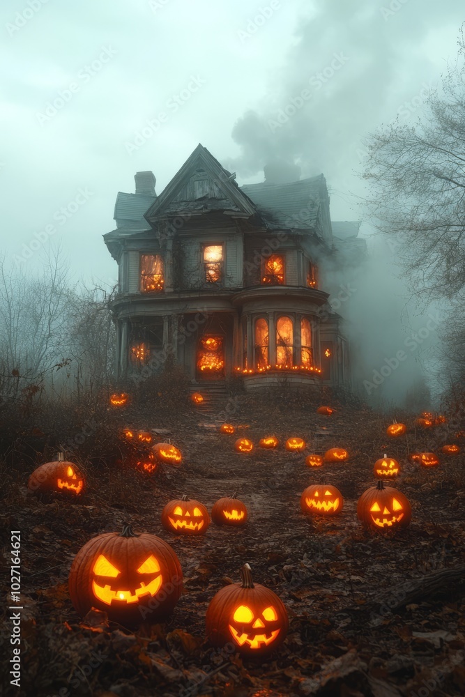 Poster A spooky, old house with lit pumpkins in front of it in a foggy, dark setting.