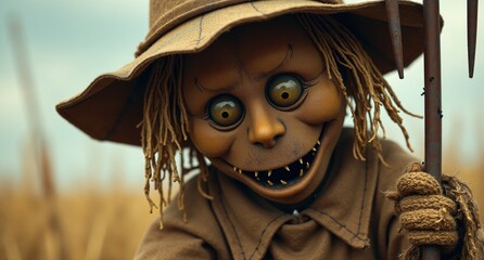 A raggedy scarecrow with a burlap sack face and mismatched button eyes stands in a field, holding a rusty pitchfork. Straw pokes out from its joints, and its oversized hat keeps falling over its creep