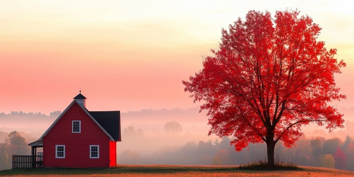 Red Barn  Fall Foliage  Misty Morning Landscape