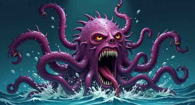 A massive Kraken-like sea monster rises from the depths, its glowing eyes and sharp teeth menacing. But its flailing tentacles are tangled in knots, leaving the creature looking frustrated as it strug