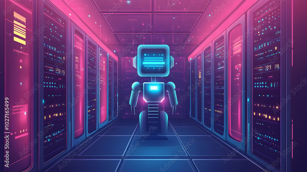 Poster internet connection concept an artificial intelligence icon within a server room graphic design illu