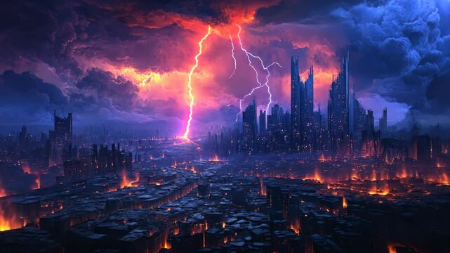 A city is engulfed in flames as a lightning bolt strikes from a stormy sky