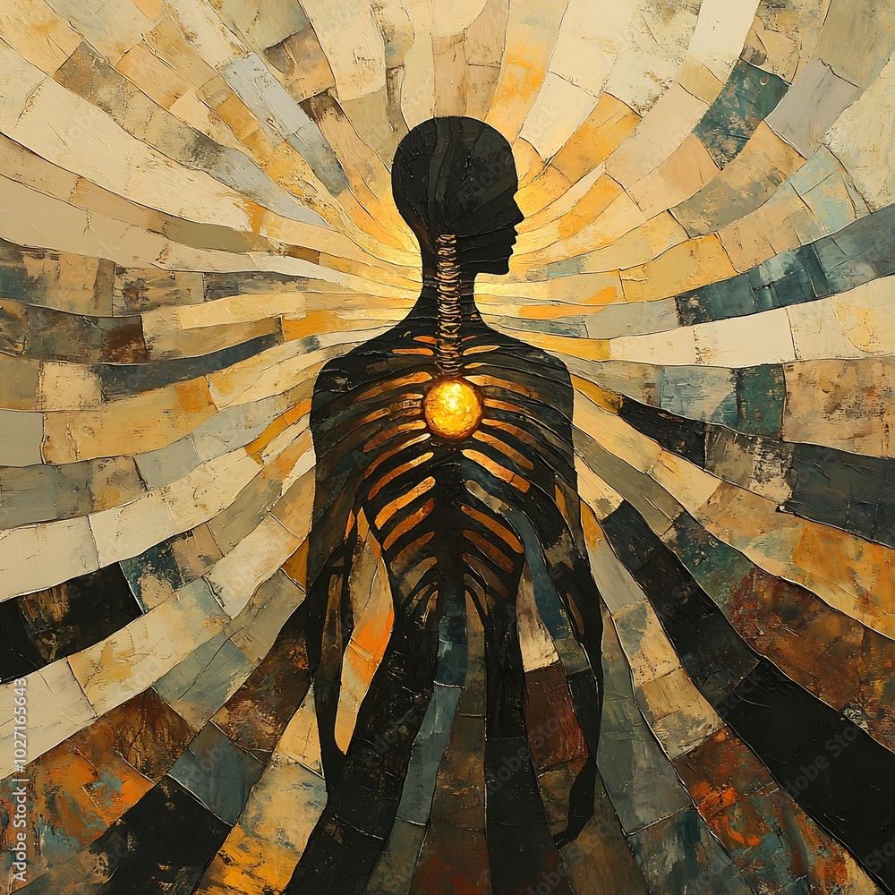 Poster abstract human figure dissolves into swirling patterns black lines trace skeletal structure beneath 