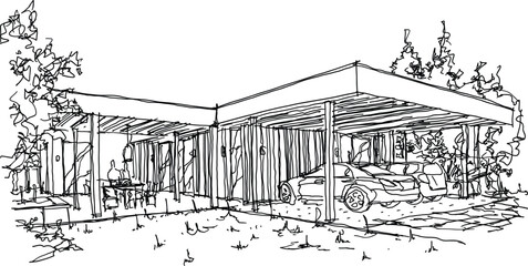 hand drawn architectural sketch of modern one story detached house with flat roof over parking 