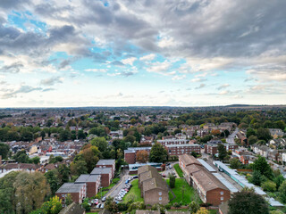 High Angle View of Luton City Residential District Which is Located Near to City Center Downtown of England UK During Cold Sunset of October 12th, 2024