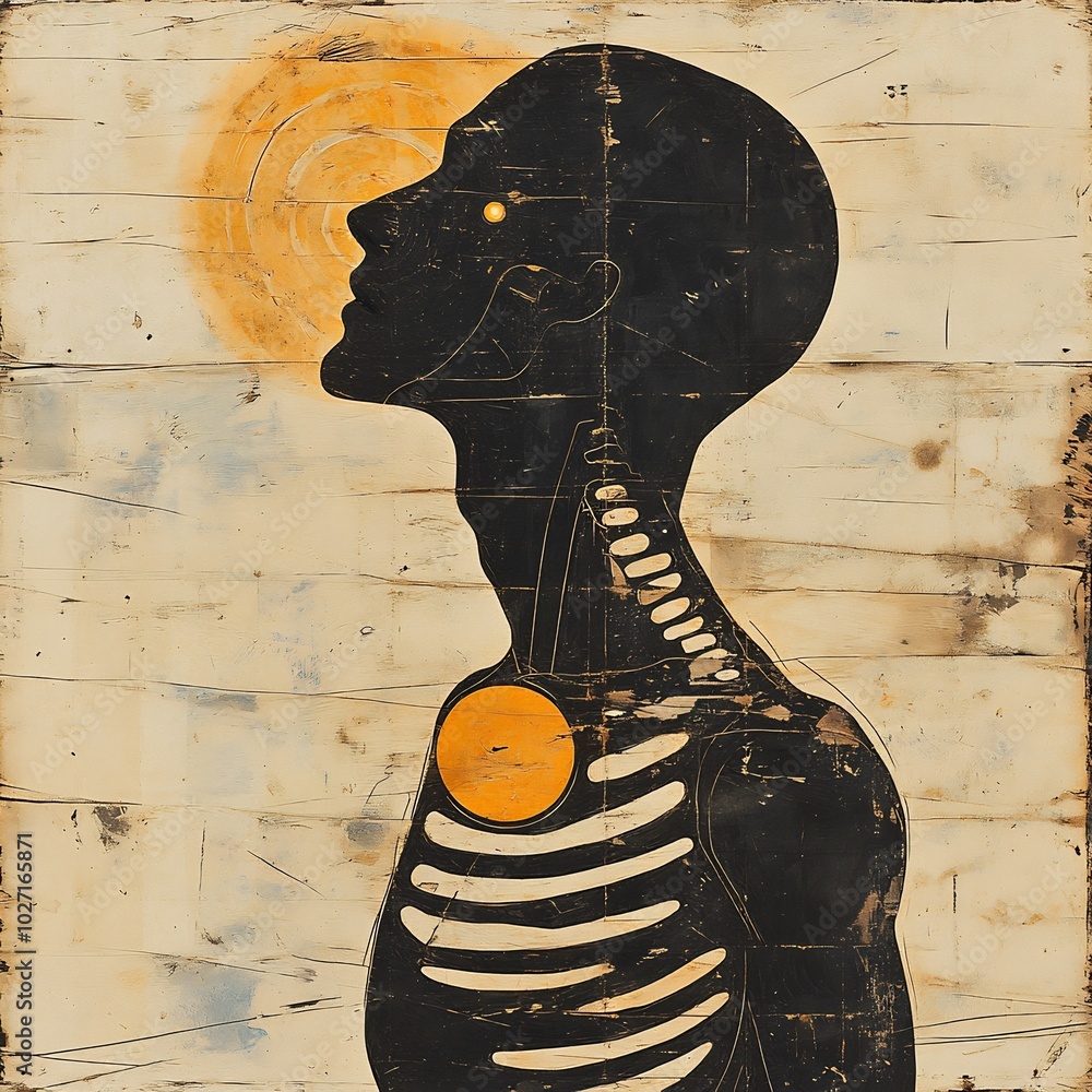 Poster abstract human figure dissolves into swirling patterns black lines trace skeletal structure beneath 