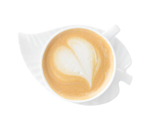 Cappuccino, latte, coffee with milk in a white glass mug. The drawing on the coffee foam. View from above. On a white background. Isolated. Space for text. Copy space