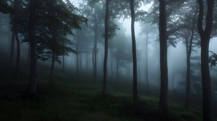 Naklejka premium Mystical Foggy Forest Landscape Nature Photography Dark Trees Woodland Mist Atmosphe