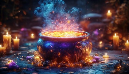 A steaming cauldron with fire and smoke, surrounded by candles and crystals.