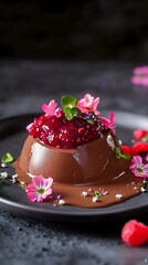 Naklejka premium Chocolate Pudding with Raspberry Sauce and Flowers