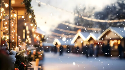 A festive Christmas market under a rainbow sky snow