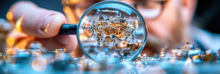 A watchmaker examines intricate gears under a magnifying glass in a workshop