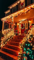 Obraz premium A beautifully decorated house with twinkling Christmas lights, showcasing the festive spirit of the season.