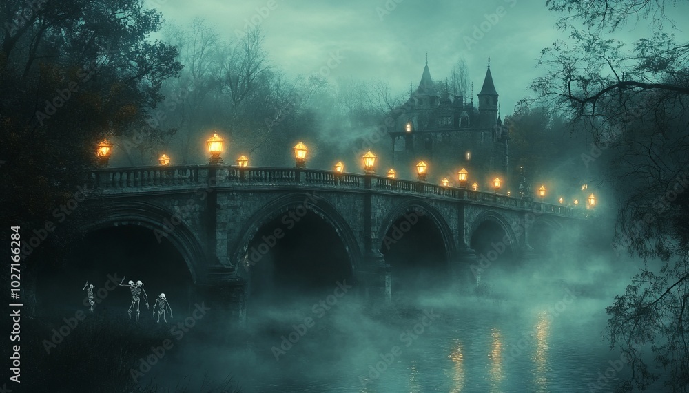 Sticker A stone bridge with lit lanterns spans a foggy river leading to a gothic castle in the distance.