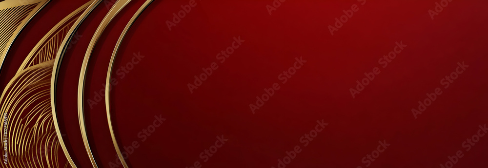 Poster luxury invitation card design with art deco elements and gold gradient frame on a red backdrop-