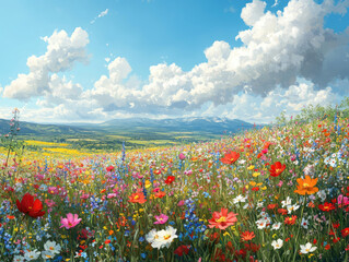 Fototapeta premium Vibrant Wildflower Meadow with Mountain Range in the Background