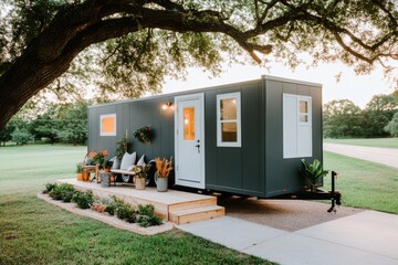 Tiny House On Wheels Surrounded By Green Grass And Trees