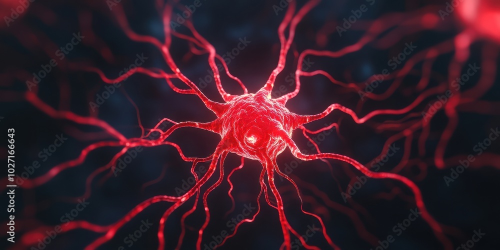 Poster close-up of a vibrant red neuron with intricate connections against a dark backdrop, symbolizing neu