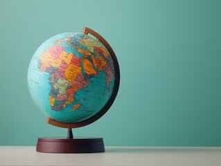 Colorful globe showcasing Africa on a wooden stand, ideal for educational themes, travel concepts, and geographic exploration.