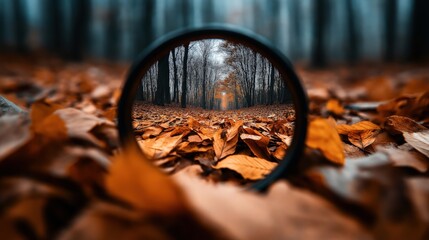 Autumn forest scene viewed through a circular lens placed among fallen leaves, creating a focused and blurred visual effect in woodland setting