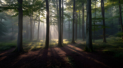 Sunbeams Through Misty Forest Trees  Nature Photography  Woodland Landscape