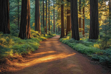 Fototapeta premium Sun Dappled Forest Path: A Tranquil Walk Through Nature