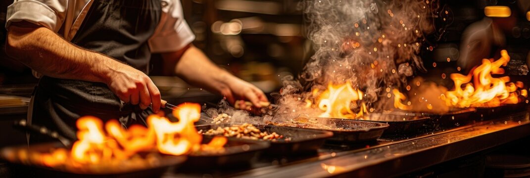 Chef cooking over high flames in a bustling kitchen during a vibrant dinner service