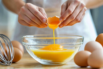 Woman cracking an egg into a bowl with standing by in kitchen. Mother pregnant cooking in kitchen.