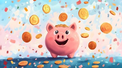 A Happy Pink Piggy Bank Surrounded by Falling Gold Coins