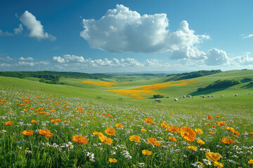 Stunning View of a Lush Green Meadow with Wildflowers and Rolling Hills